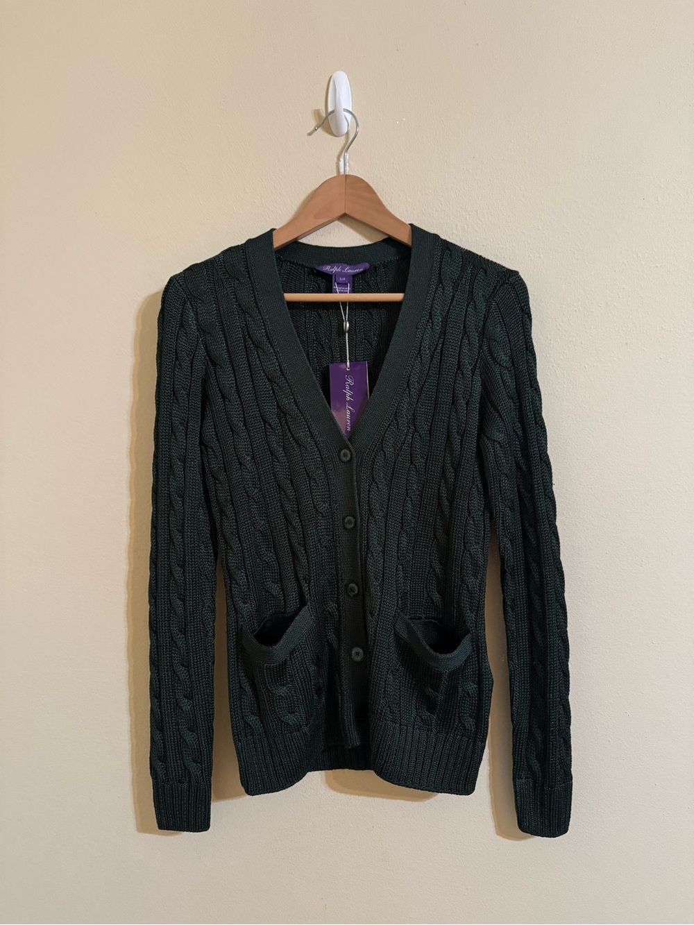Ralph Lauren Purple Label New Cable Knit Silk Cardigan Sweater Green Small